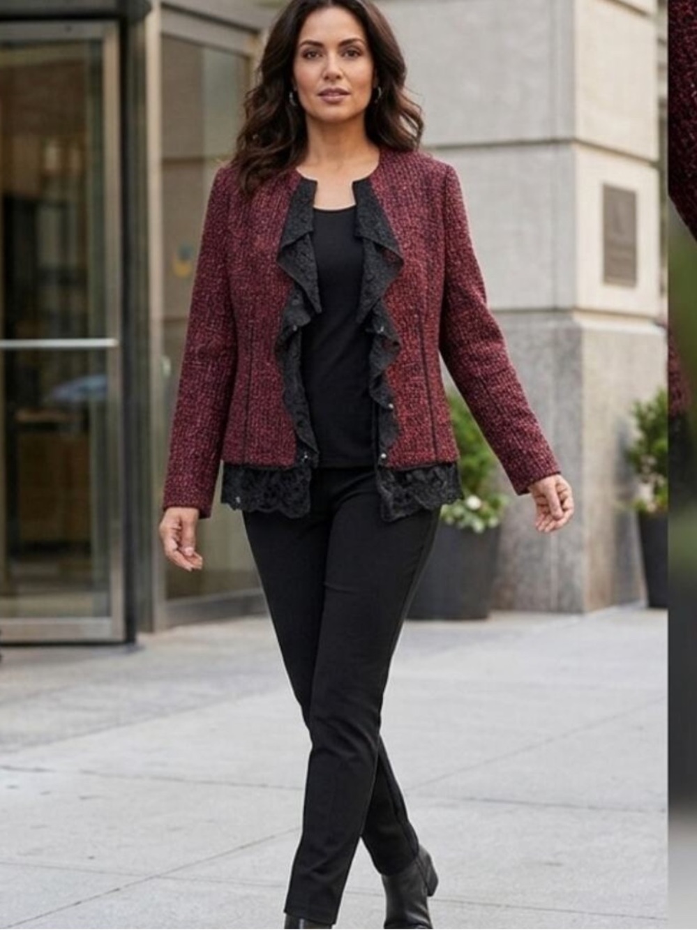 Chico’s Burgundy Tweed Jacket Black Sequin Lace Ruffle Open Front